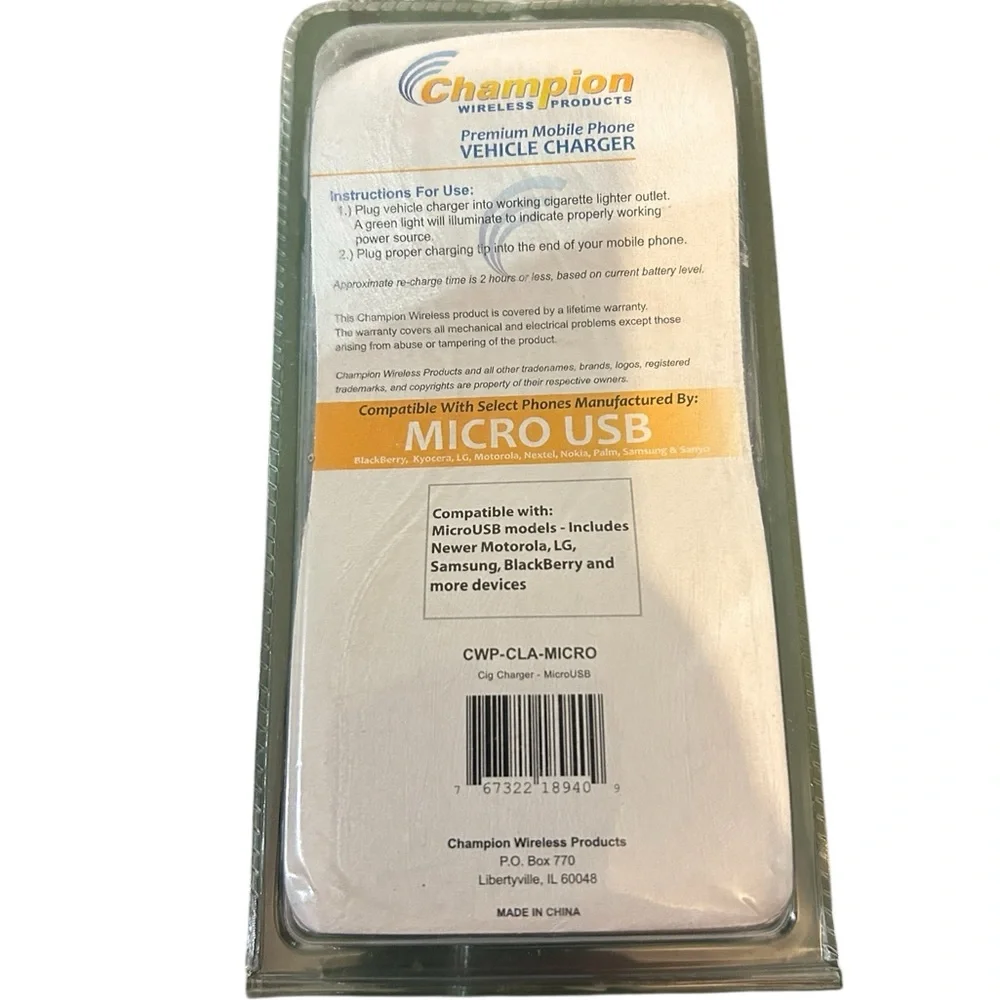Champion Wireless Premium Vehicle Charger-Micro USB-New In Package